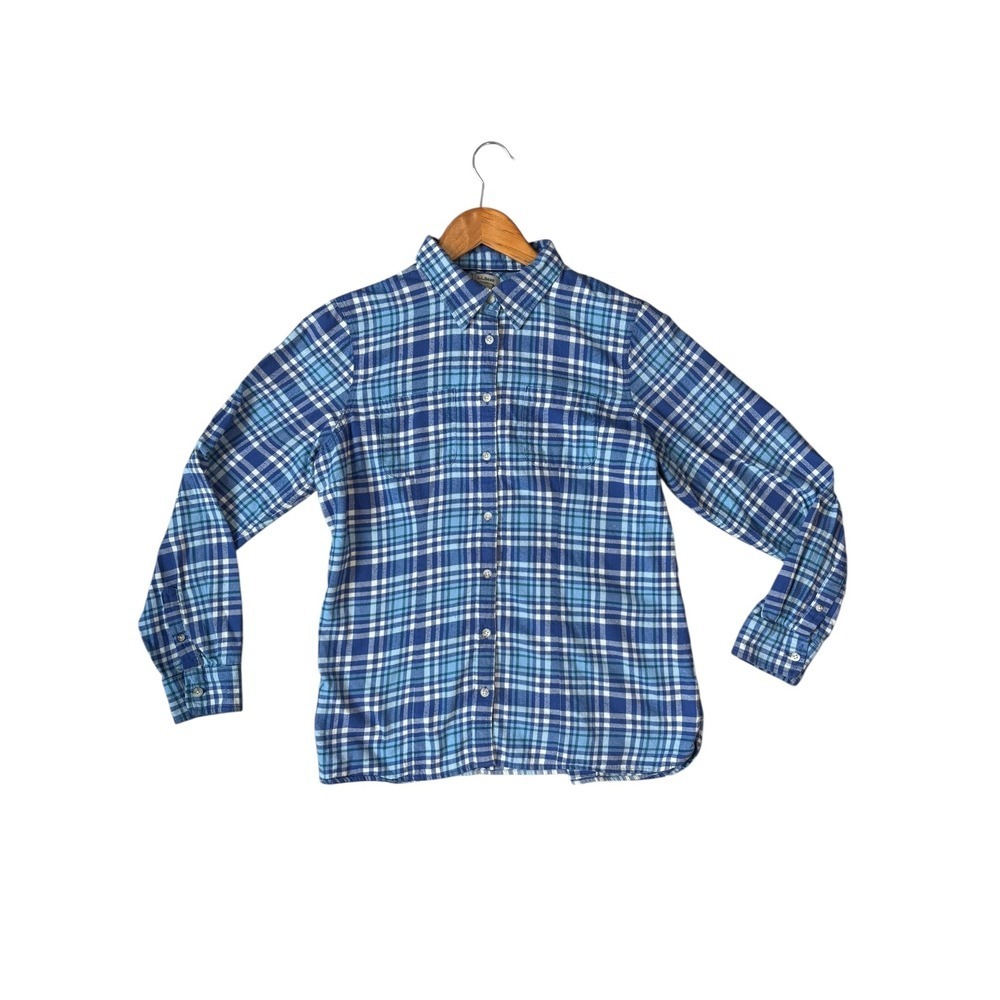 L.L.Bean Women's Blue Plaid Long Sleeve Button Up Shirt Size M 100% Cotton